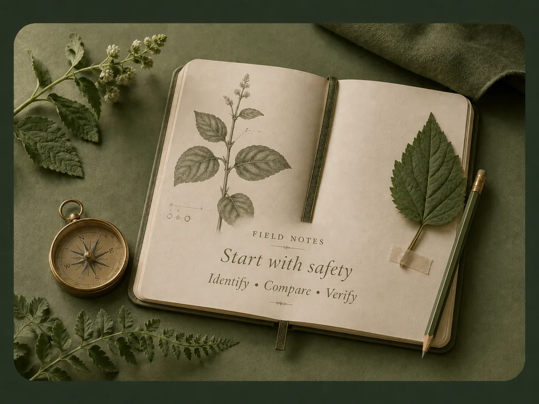 Open field notebook with a botanical sketch, pressed leaf and brass compass, headed “Start with safety”