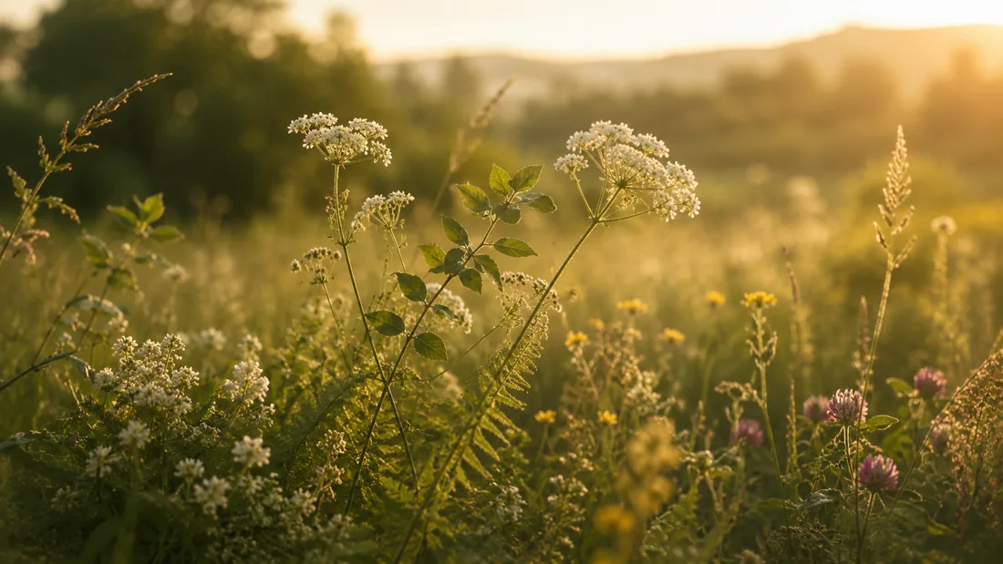 Wild meadow of useful plants in low golden light
