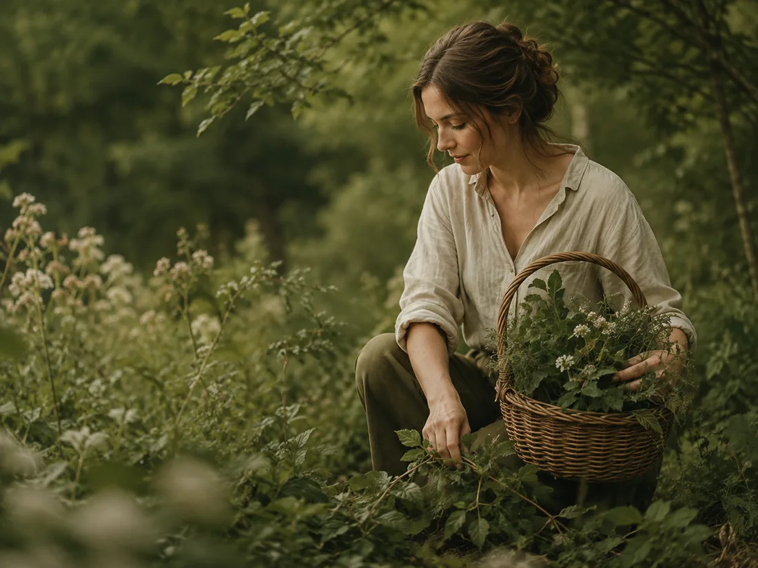 Forager with a harvest basket walking through a green summer meadow
