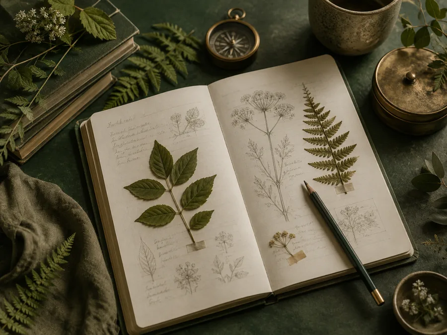 Field notebook with beginner plant identification notes and pressed specimens