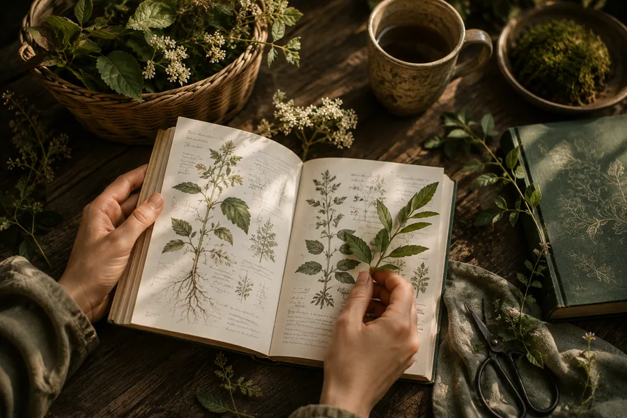 Hands comparing a wild plant against an illustrated botanical field guide