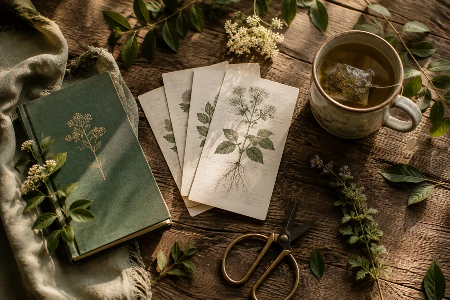 Foraging books, dried herbs and a cup of tea arranged on a wooden table