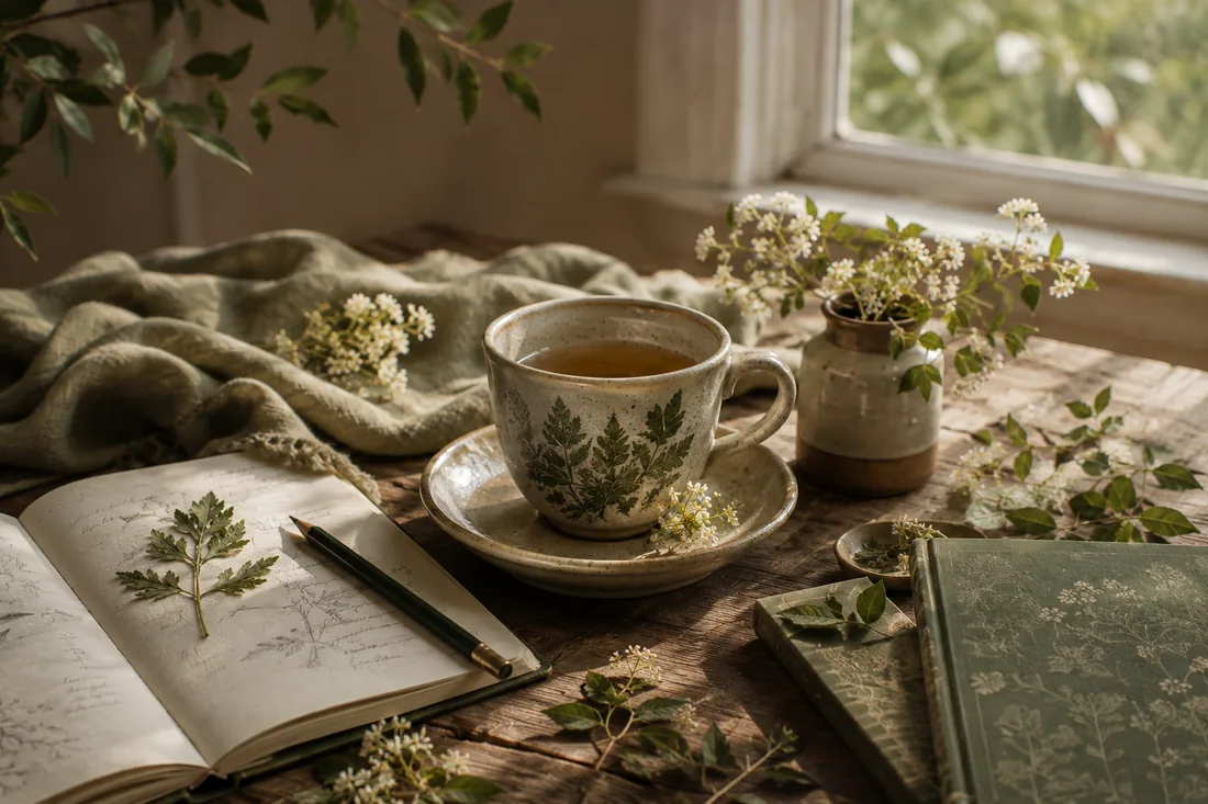 Notebook, tea and botanical clippings on a desk beside a window