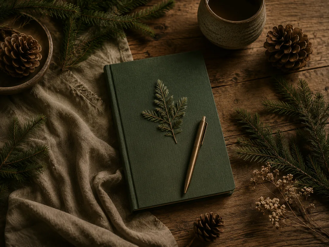 Closed linen-bound notebook resting on a wooden surface